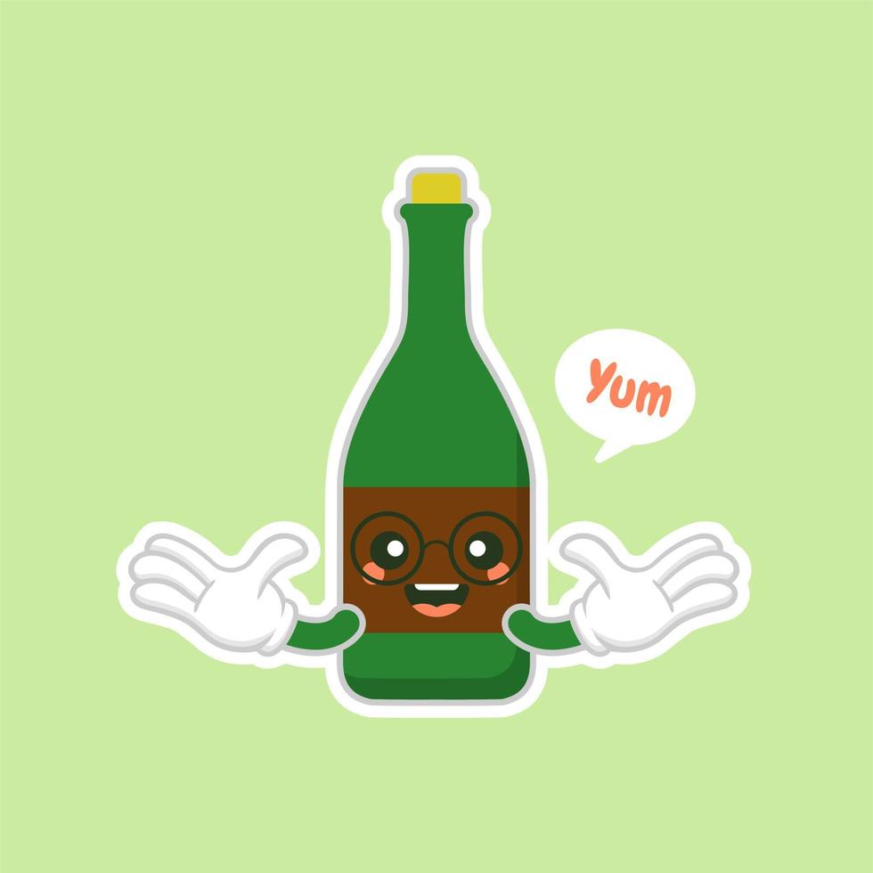 schattig en kawaii wijnflessen over groene achtergrond, kleurrijk ontwerp. platte ontwerp vectorillustratie. cartoon kawaii champagne met glimlach en lachende ogen. leuke champagnefles vector