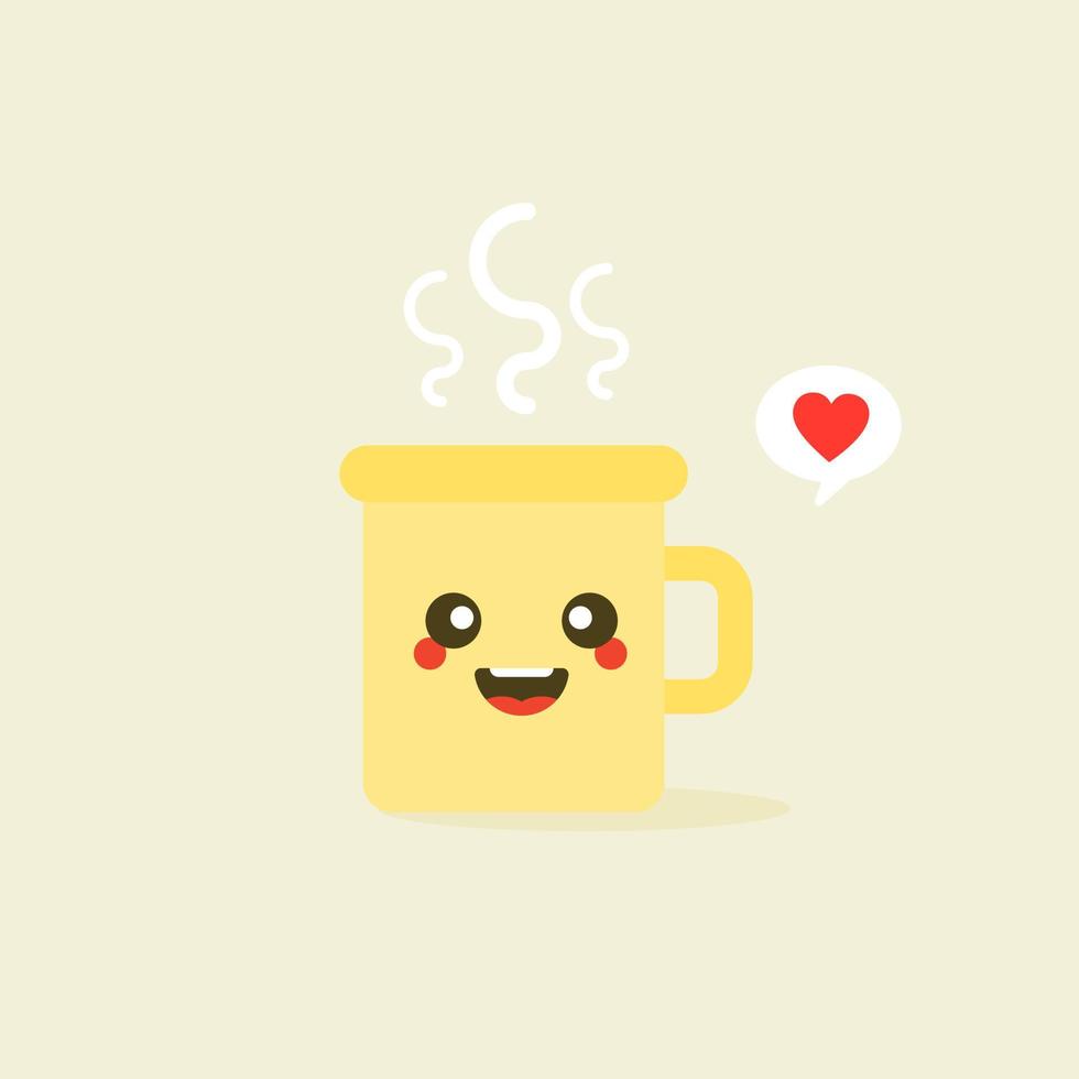 cup kawaii emoji met wangen en ogen. gekleurde mooie doodle kopjes karakter in platte ontwerpen met schattige cartoon gezichten. warme koffie en thee. vectorillustratie. vector