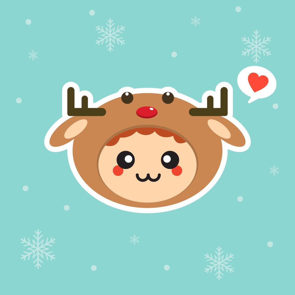 kawaii en grappige kleine jongen verkleed als hert. schattige jongen in carnaval kostuum. vrolijk kerstfeest en een gelukkig nieuwjaar. winter vakantie. plat vectorontwerp voor wenskaart, mascotte, web vector