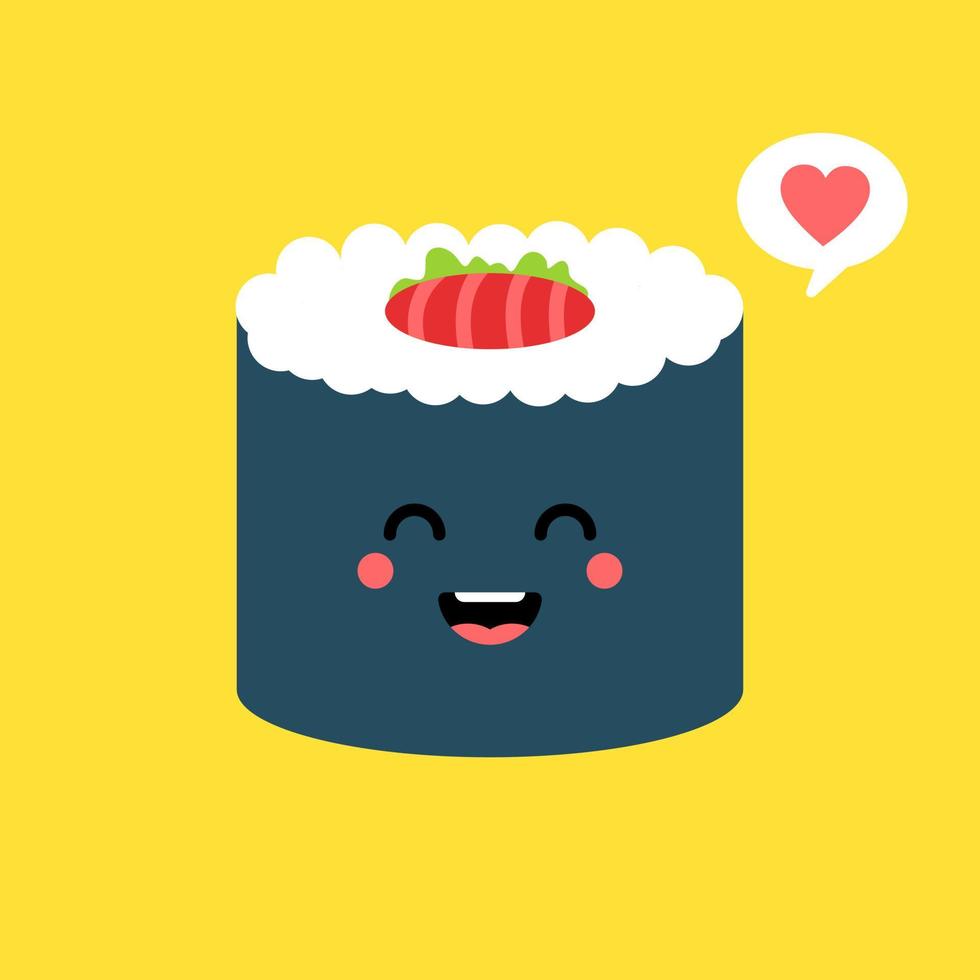 schattig en kawaii sushi roll karakter. gelukkig sushi roll stripfiguur mascotte. vector illustratie vlakke stijl geïsoleerd op gekleurde achtergrond