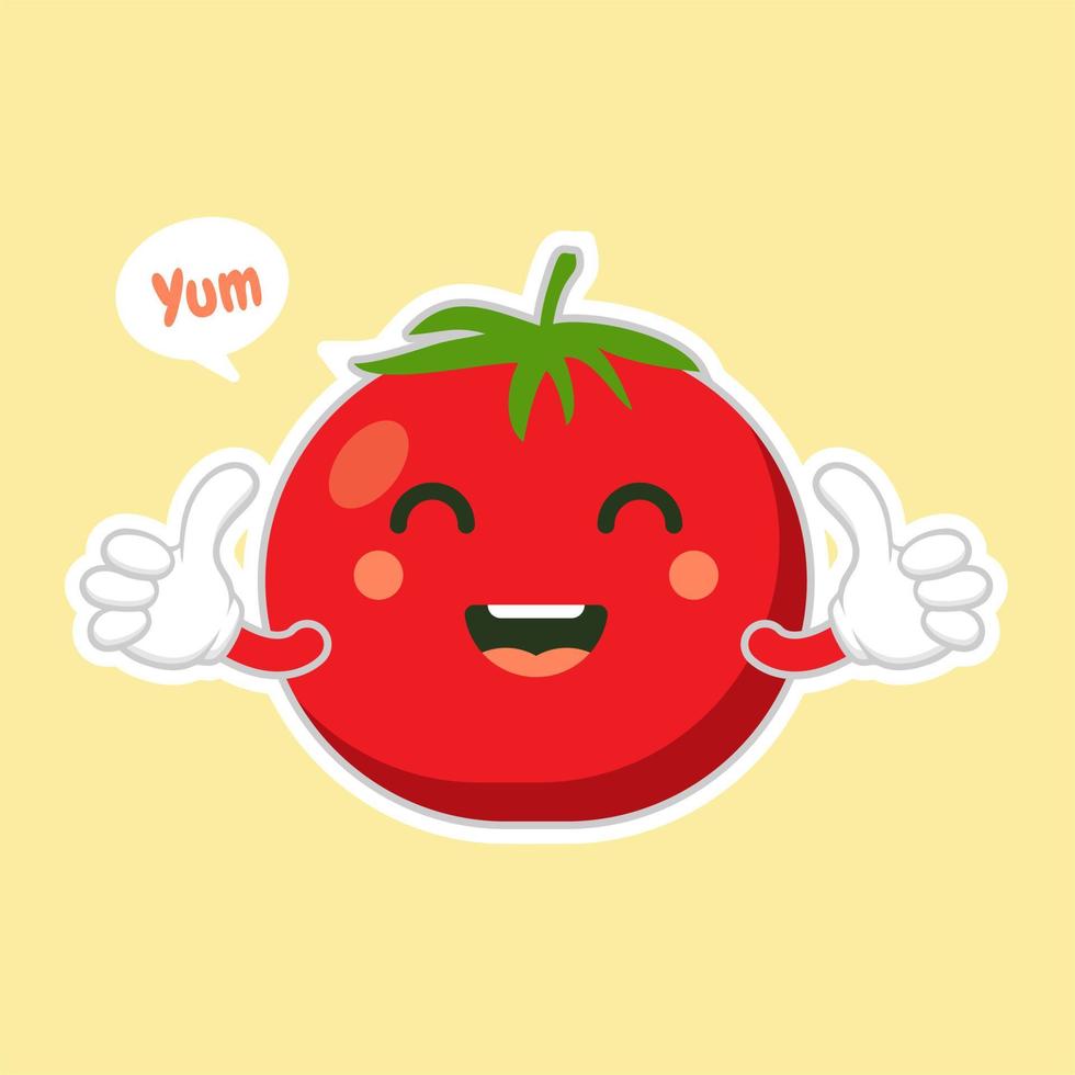 schattig en kawaii tomaat karakter platte ontwerp vectorillustratie. gelukkige plantaardige vectorillustratie... groen voedsel, kan worden gebruikt in restaurantmenu, kookboeken en biologisch boerderijlabel vector