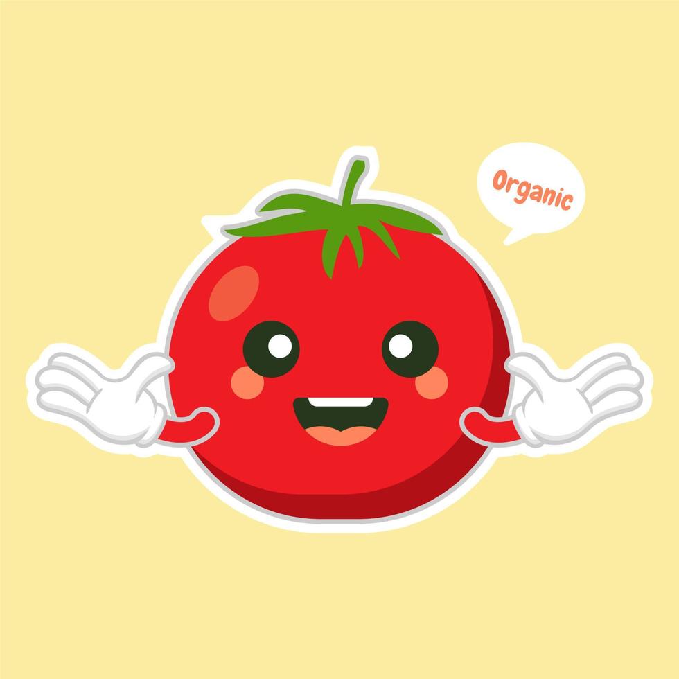 schattig en kawaii tomaat karakter platte ontwerp vectorillustratie. gelukkige plantaardige vectorillustratie... groen voedsel, kan worden gebruikt in restaurantmenu, kookboeken en biologisch boerderijlabel vector