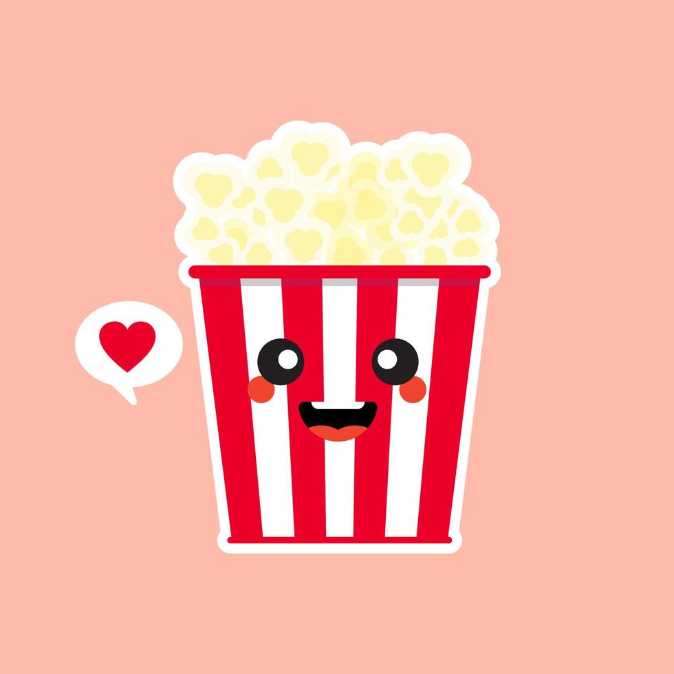 schattig en kawaii pop corn popcorn in rode emmer doos bioscoop snack vector illustratie cartoon karakter pictogram in platte ontwerp.