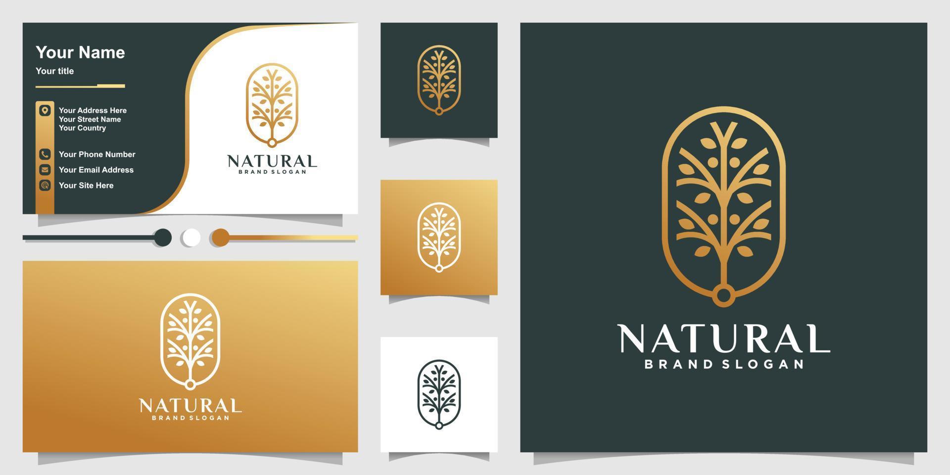 natuurlijk logo met creatief uniek boomconcept en visitekaartjeontwerpsjabloon premium vector