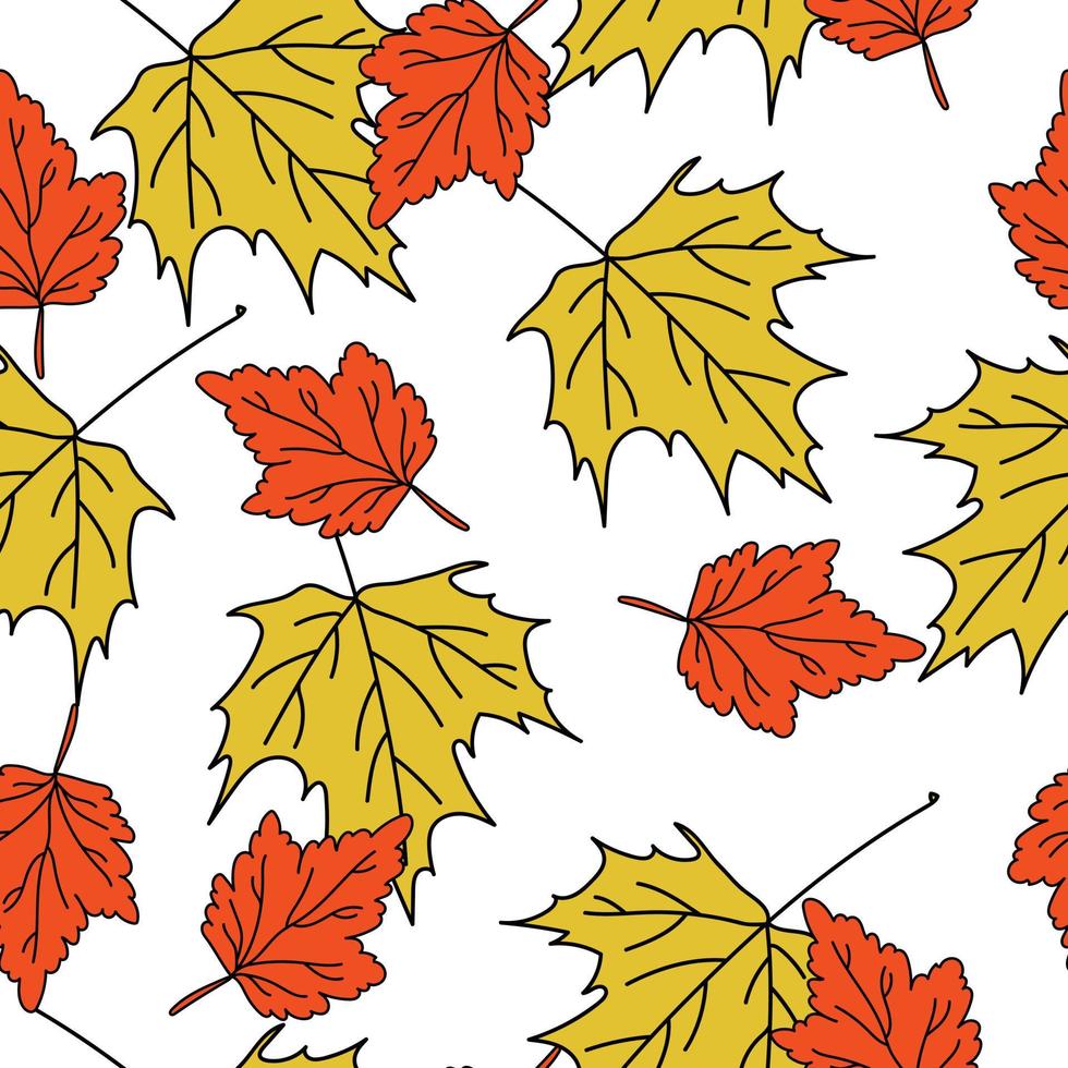 esdoorn en viburnum bladeren gevormd naadloos patroon, gele en rode herfstbladeren in doodle stijl op een witte achtergrond vector