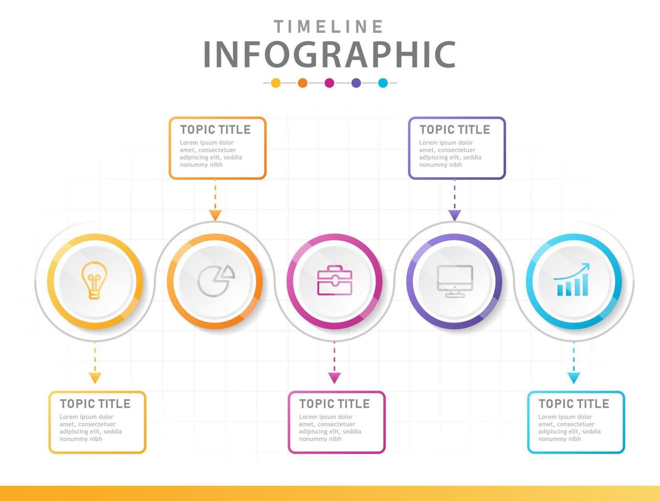 infographic sjabloon voor bedrijven. 5 stappen modern tijdlijndiagram met cirkels. vector