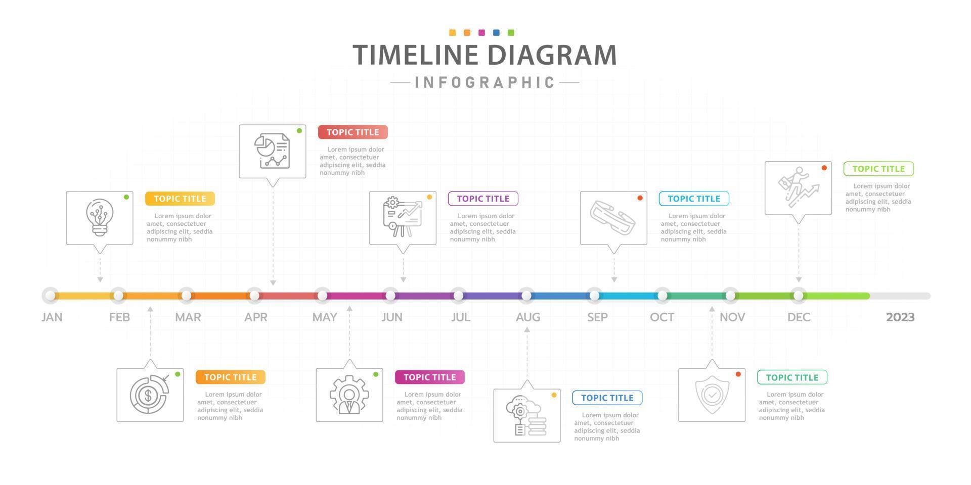 infographic sjabloon voor bedrijven. 12 maanden tijdlijn diagram kalender met moderne pictogrammen, presentatie vector infographic.