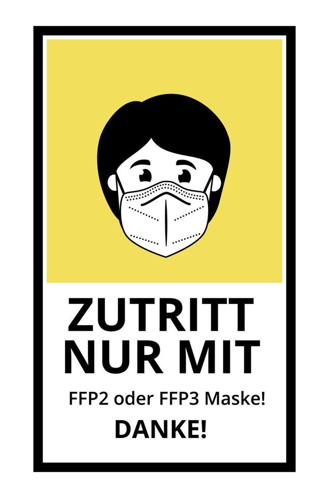 vrouw in medisch masker. Duitse taal, alleen toegang met ffp2 of medisch masker. zwart-wit pictogram van een vrouw die een masker draagt.vectorillustratie vector