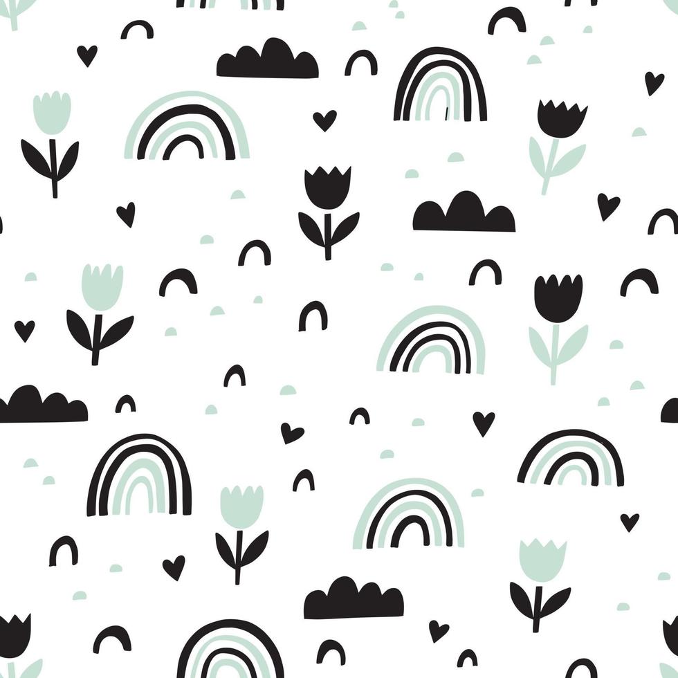 Scandinavisch vectorpatroon met bloemen, regenbogen, wolken en abstracte vormen in zwart en mint. grafische kinderachtige naadloze print. vector