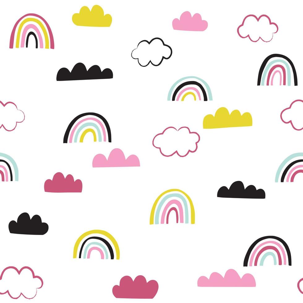 regenbogen en wolken naadloos patroon. schattige doodle kinderachtig vectorillustratie. hipster achtergrond. vector
