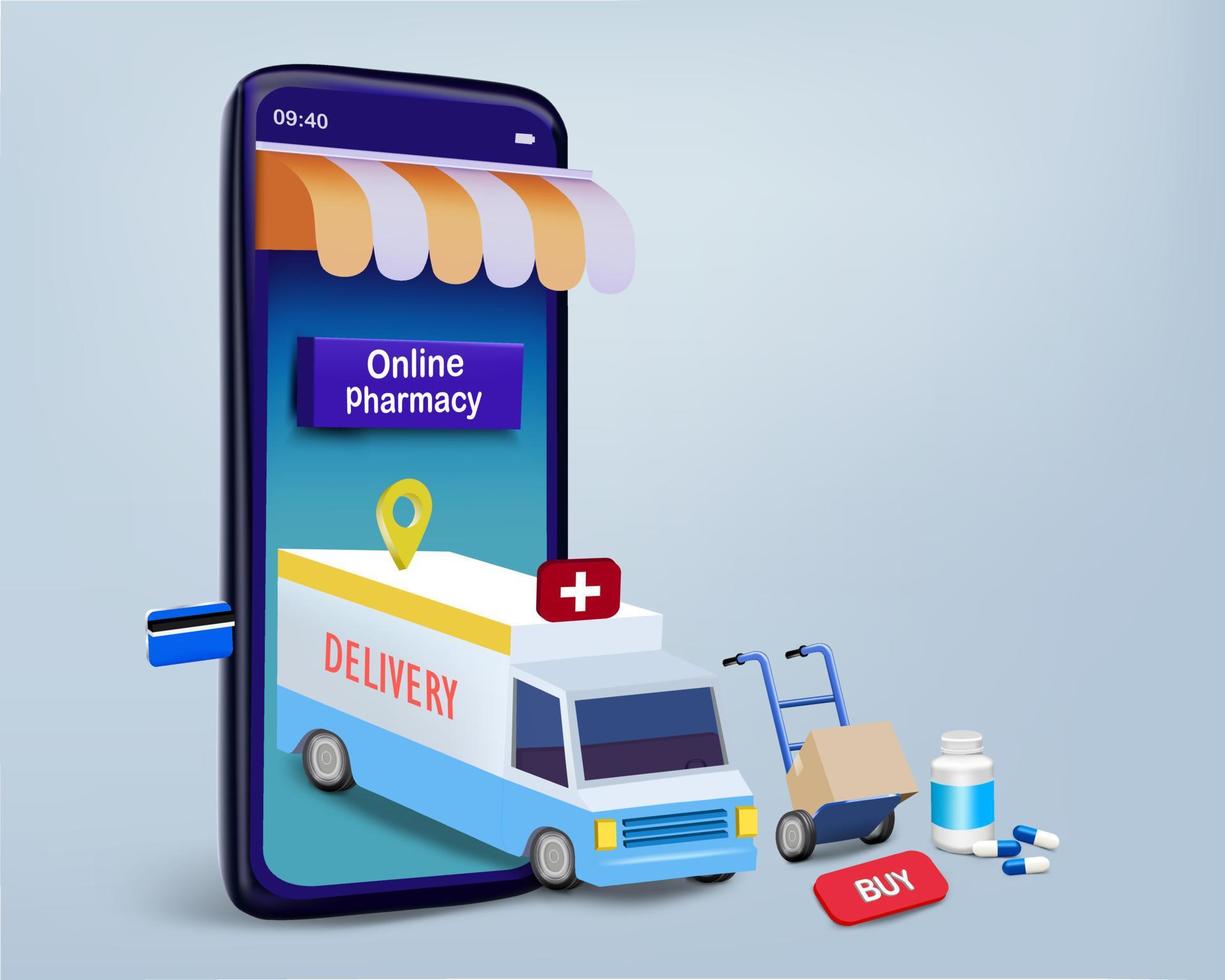 bestelwagen met smartphone en medicijnen voor online apotheek vector