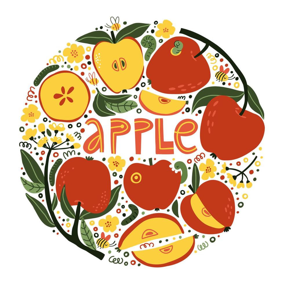 set met appels op takken, appelbloesems, rupsen en bijen met de hand getekend in vlakke stijl. vectorillustratie. vector