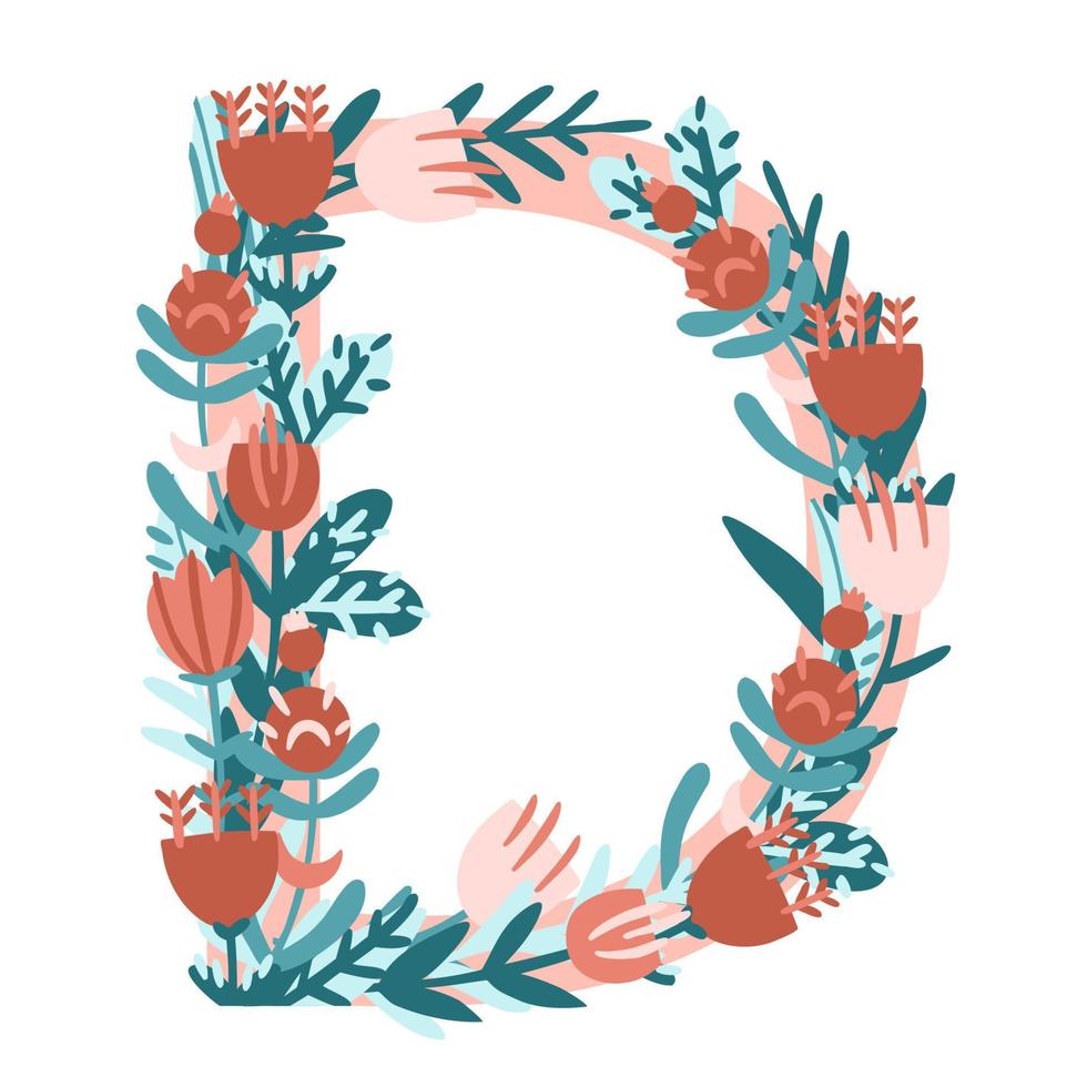 letter d. hand getekende vector monogram samengesteld uit bloemen, takken en bladeren op een witte achtergrond. bloemen in vlakke stijl.