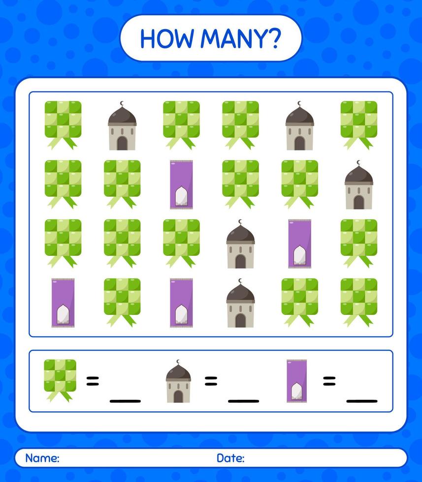 hoeveel telspel met ramadan-pictogram. werkblad voor kleuters, activiteitenblad voor kinderen, afdrukbaar werkblad vector