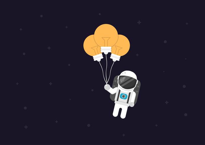 astronaut vliegen met gloeilamp ballon vector
