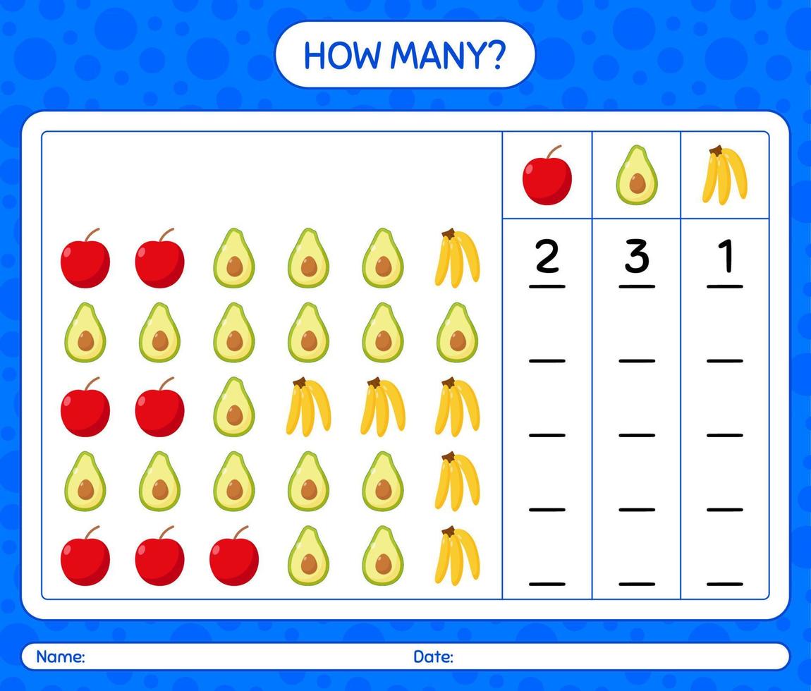 hoeveel tellen spel met fruit. werkblad voor kleuters, activiteitenblad voor kinderen, afdrukbaar werkblad vector