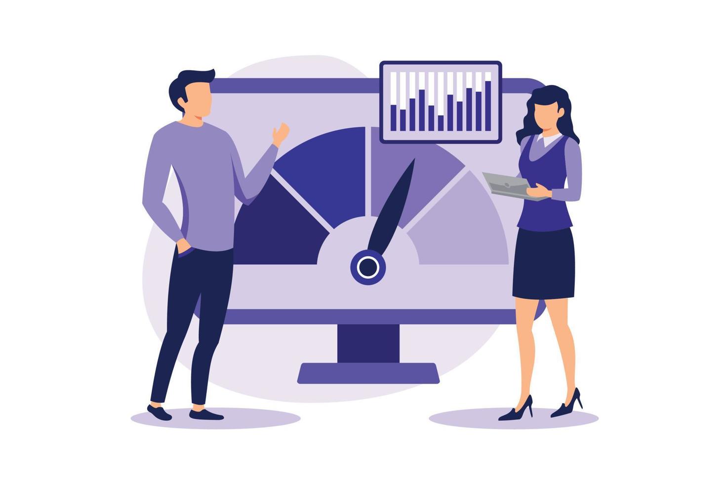 benchmarking, idee van bedrijfsontwikkeling en verbetering. vergelijk kwaliteit met concurrerende bedrijven. geïsoleerde platte vectorillustratie vector