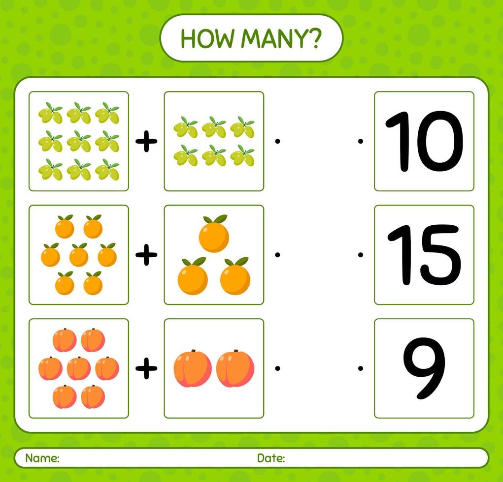 hoeveel tellen spel met fruit. werkblad voor kleuters, activiteitenblad voor kinderen, afdrukbaar werkblad vector