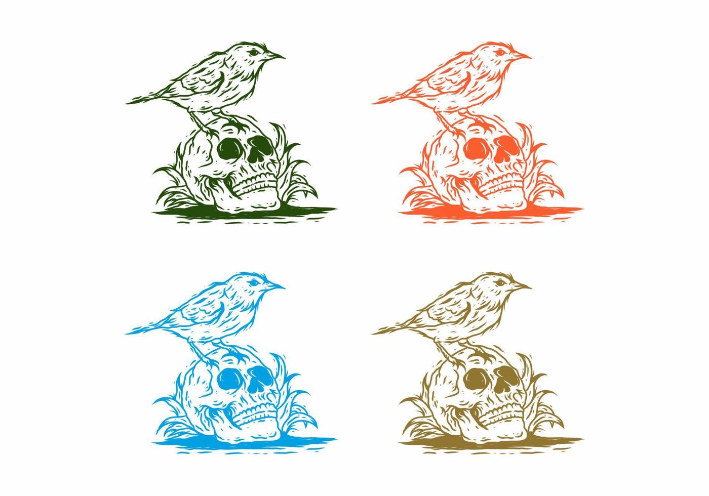 vier kleurenvariatie van vogel op skelethoofd vector