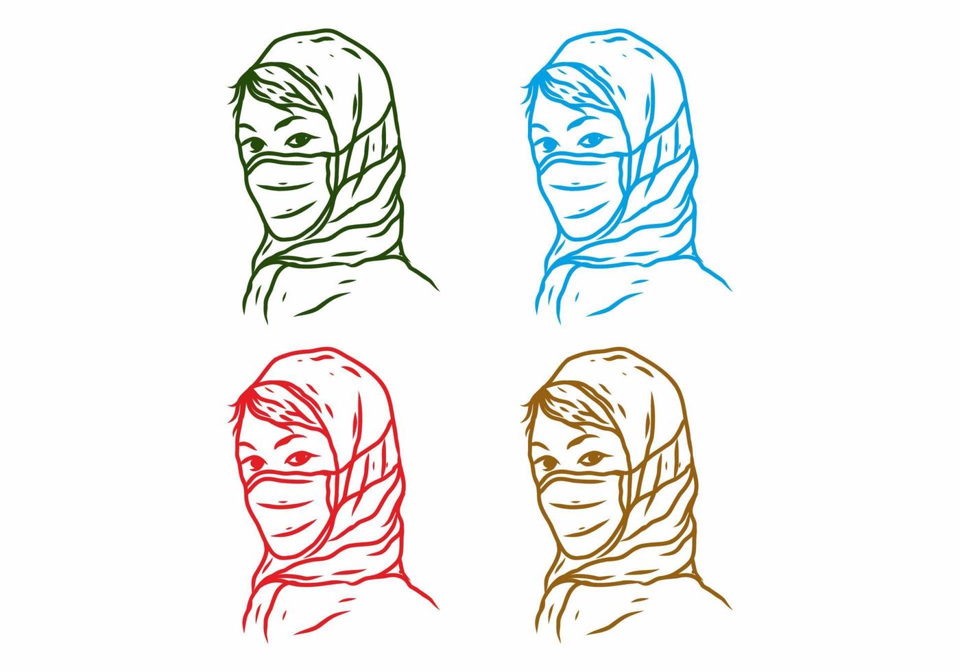 vier kleurenvariatie van gesluierde vrouw die een medische maskerlijntekening draagt vector