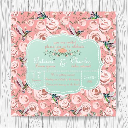 Bruiloft uitnodigingskaart met roze roze bloemen en kolibries vector