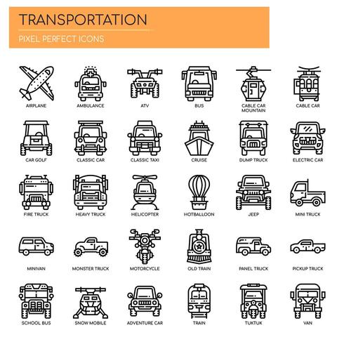 Vervoer, dunne lijn en pixel perfecte pictogrammen vector