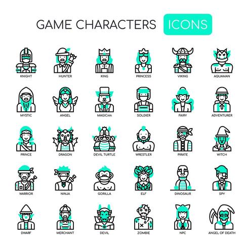 Gamekarakters, dunne lijn en pixel perfecte pictogrammen vector