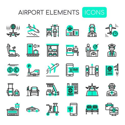 Luchthavenpictogrammen, dunne lijn en pixel perfecte pictogrammen vector