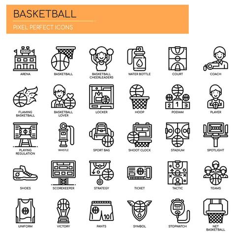 Basketbalelementen, dunne lijn en pixel perfecte pictogrammen vector