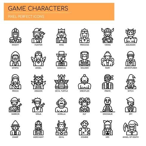 Gamekarakters, dunne lijn en pixel perfecte pictogrammen vector