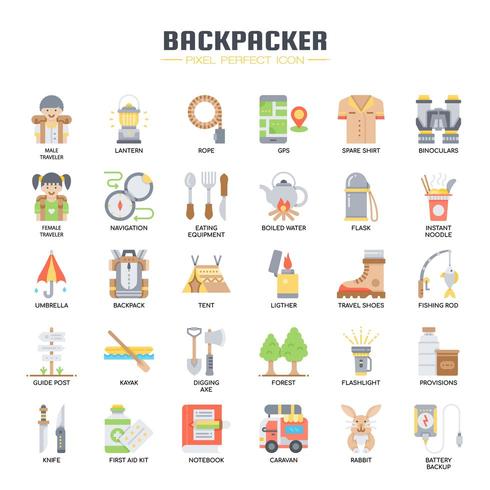Backpacker Elements, Thin Line en Pixel Perfect Icons vector