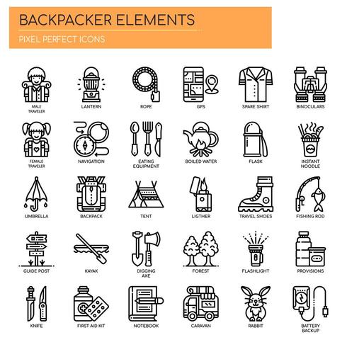 Backpacker Elements, Thin Line en Pixel Perfect Icons vector