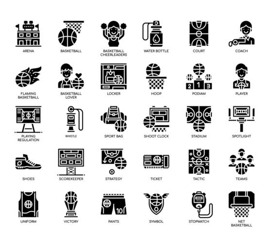 Basketbalelementen, dunne lijn en pixel perfecte pictogrammen vector