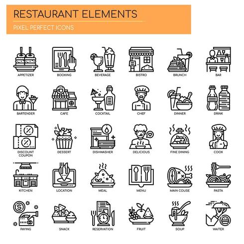 Restaurantelementen, dunne lijn en pixel perfecte pictogrammen vector