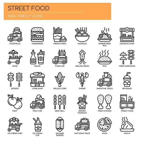 Street Food en Food Truck, Thin Line en Pixel Perfect Icons vector