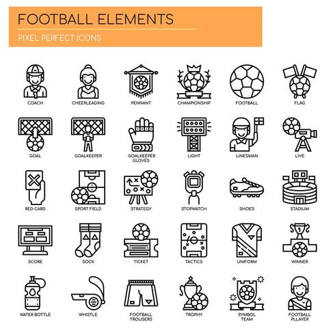 Voetbalelementen, dunne lijn en pixel perfecte pictogrammen vector