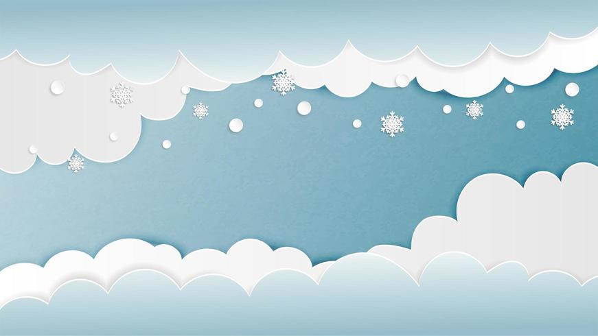 De wolkenachtergrond met sneeuwvlokken in document sneed stijl vector