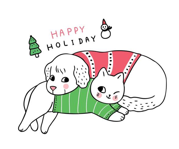Cartoon schattige kerst hond en kat slapen vector