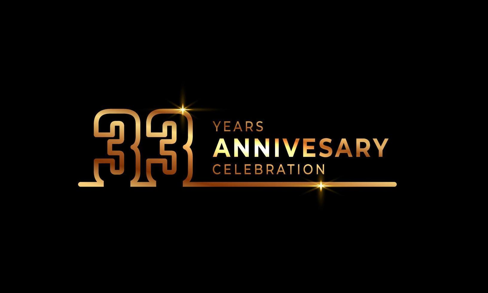 33-jarig jubileumviering logo met gouden gekleurde lettertypenummers gemaakt van één verbonden lijn voor feestgebeurtenis, bruiloft, wenskaart en uitnodiging geïsoleerd op donkere achtergrond vector