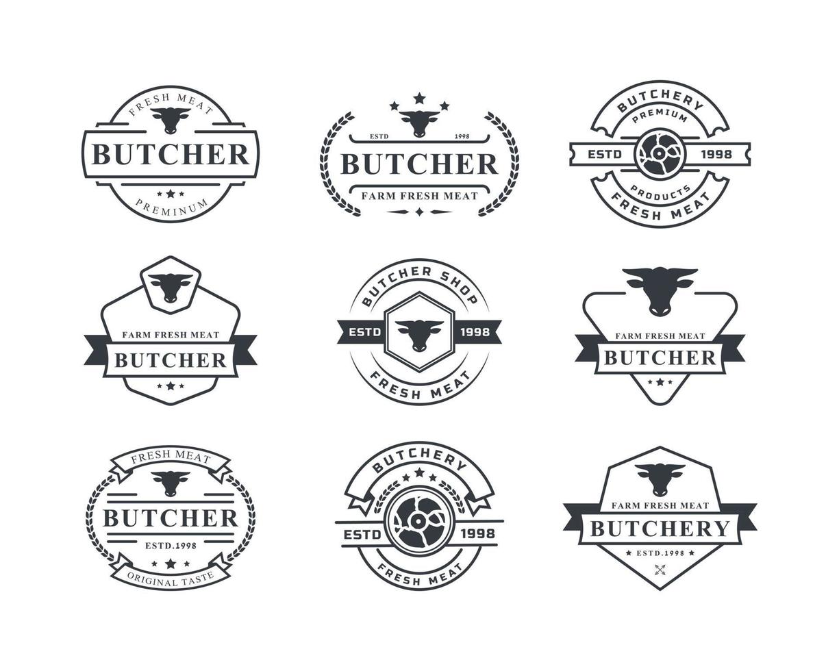 set vintage retro slagerij vectorillustratie goed voor boerderij of restaurant badges met dieren en vlees silhouetten typografie emblemen logo ontwerp vector