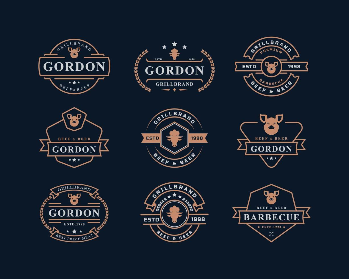 set vintage retro badge grill restaurant barbecue steak house menu embleem en voedsel silhouetten typografie logo ontwerp vector