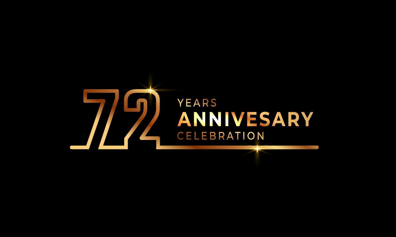 72-jarig jubileumviering logo met gouden gekleurde lettertypenummers gemaakt van één verbonden lijn voor feestgebeurtenis, bruiloft, wenskaart en uitnodiging geïsoleerd op donkere achtergrond vector