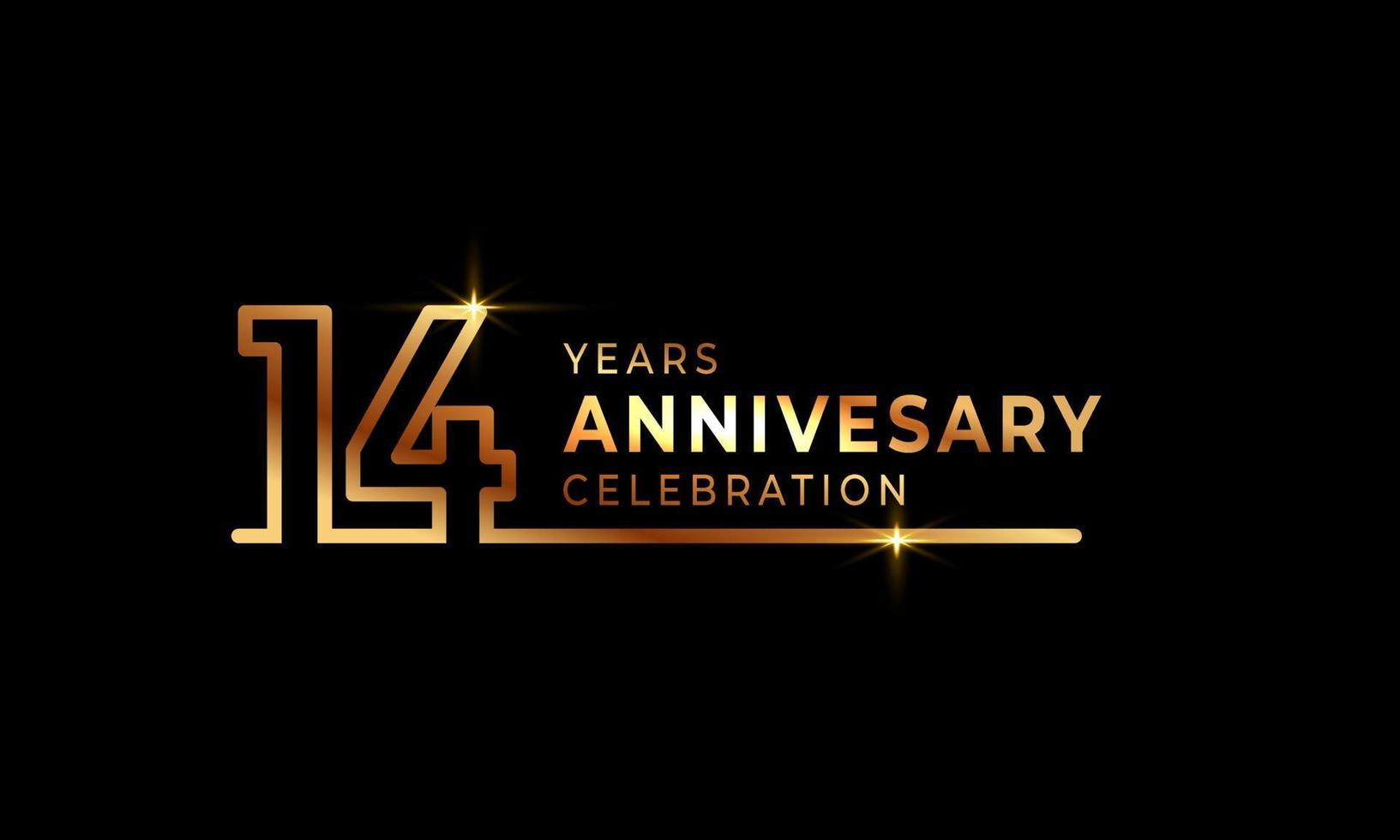 14-jarig jubileumviering logo met gouden gekleurde lettertypenummers gemaakt van één verbonden lijn voor feestgebeurtenis, bruiloft, wenskaart en uitnodiging geïsoleerd op donkere achtergrond vector