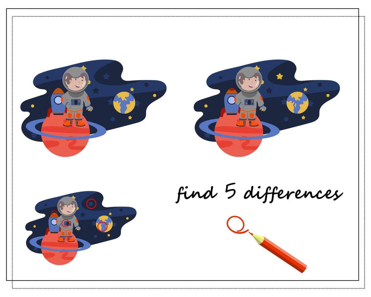 een logisch spel voor kinderen zoek de verschillen, een astronaut in de ruimte. vector