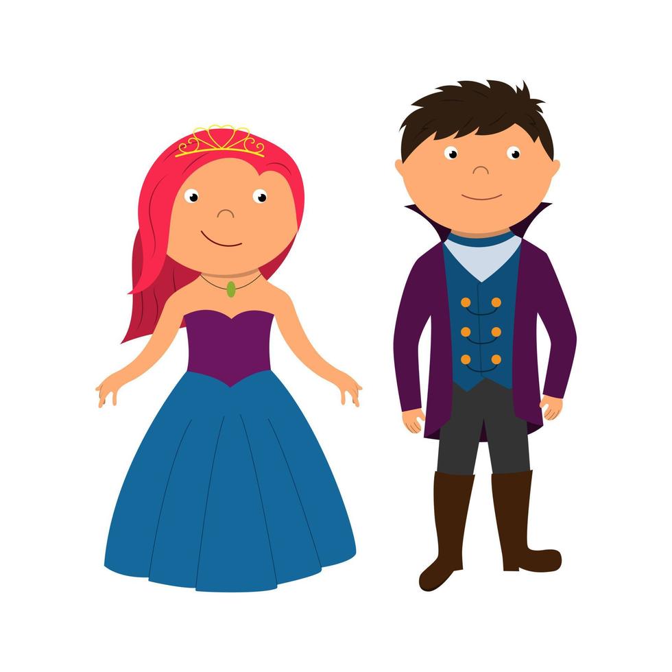 een prachtige sprookjesprinses en een prins met een kroon en een kostuum. kinderillustratie voor afdrukken en stickers. vector