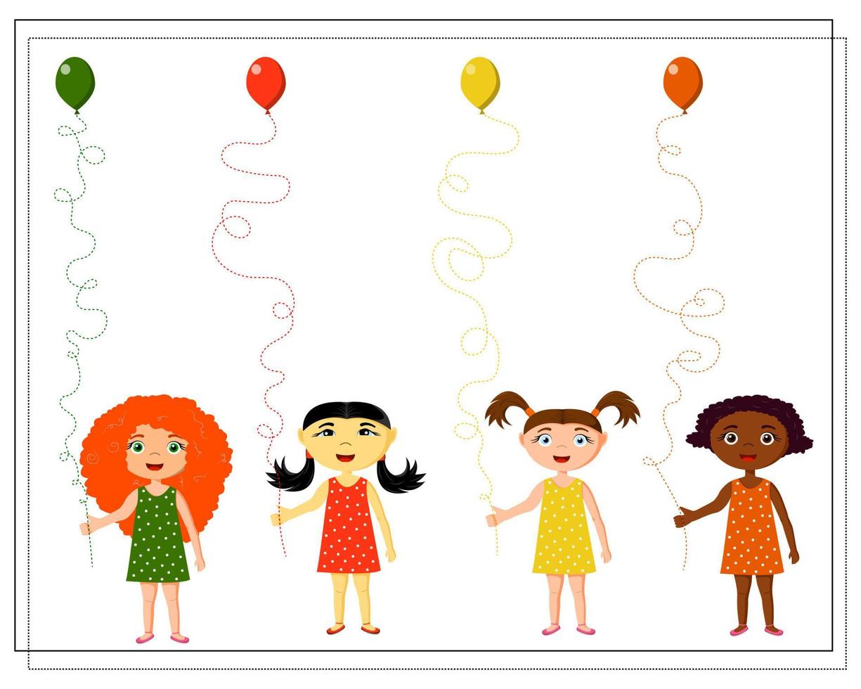 handschrift oefenblad. educatief kinderspel. lijntracering voor kinderen en peuters. ballon, rood, blauw, groen, geel, paars. een meisje in een jurk. vector