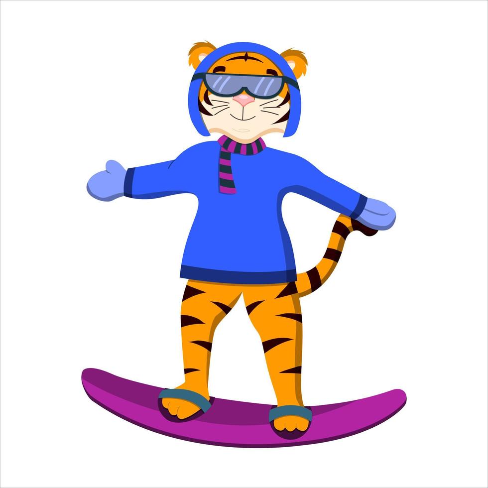 cartoon tijger op een snowboard, vector