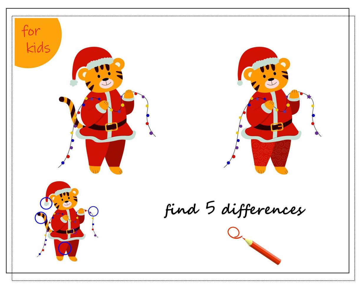 een logisch spel voor kinderen. zoek de verschillen. een tijger in een kerstmankostuum houdt een slinger vast. vector