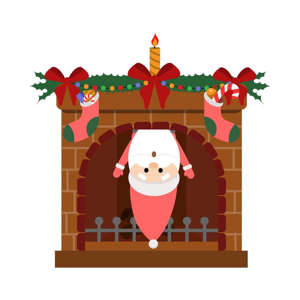 vectorillustratie van de kerstman viel uit de schoorsteen van een open haard, een open haard versierd voor kerstmis vector