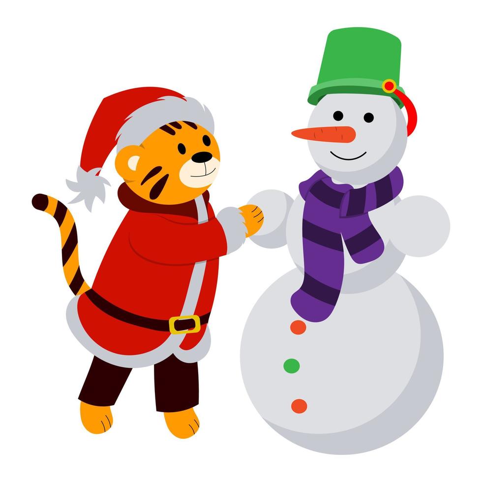 cartoon afbeelding voor kinderen. een tijger in een kerstmankostuum maakt een sneeuwpop vector